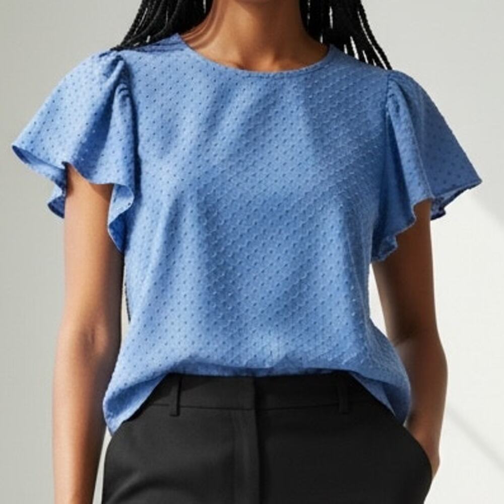 J. Crew Swiss Dot Textured Boyfriend Fit Style Short Sleeve Blouse S Light Blue
